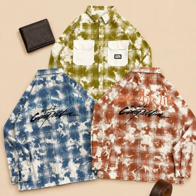 Olive green, brown, and blue with white tie-dye effect Shirt