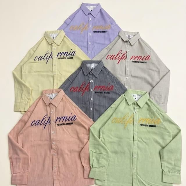Pastel tones including light purple, pale yellow, grey, dusty rose, sage green, and charcoal grey Shirt
