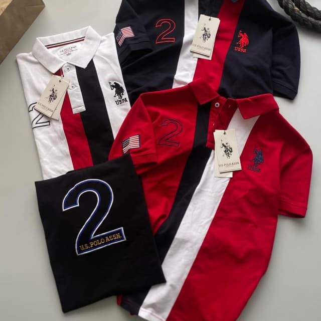 Navy Blue, Red, White, Black Polo Shirt
