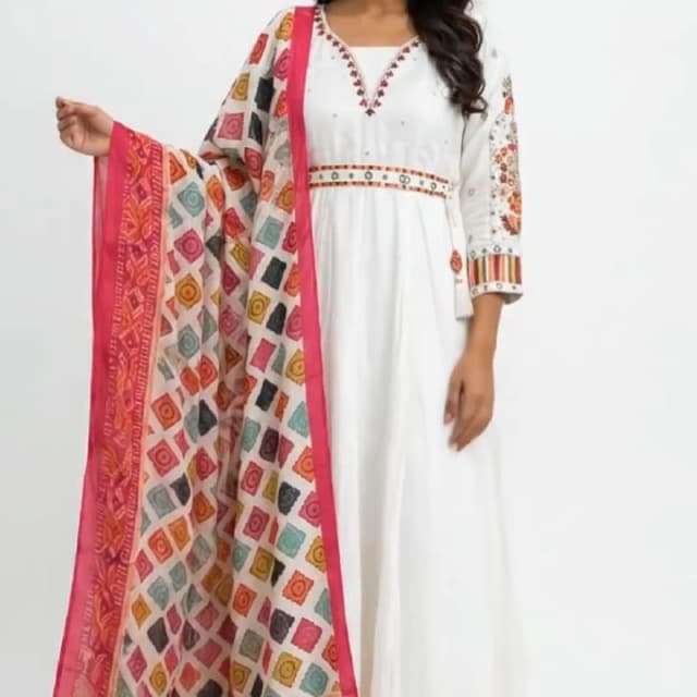 White, Hot Pink, Multi-colored prints Anarkali Kurta Set