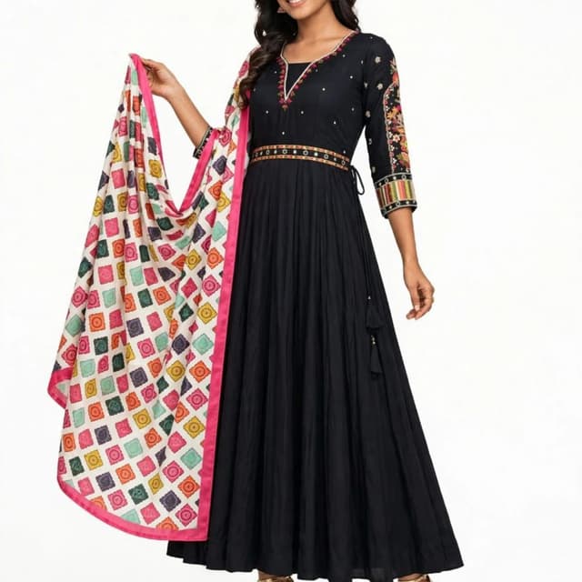 Black with multi-colored accents including pink, yellow, green, and orange Anarkali Kurta Set