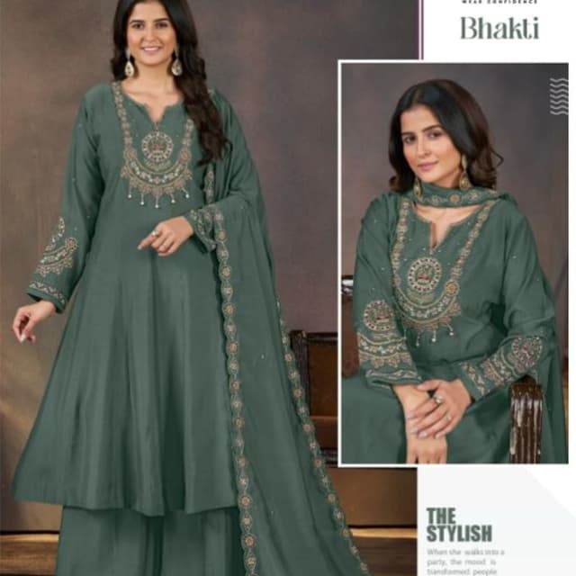 Sage green with copper and neutral embroidery accents Salwar Suit Set