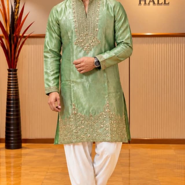 Sage green kurta, white trousers Kurta with Dhoti-style trousers