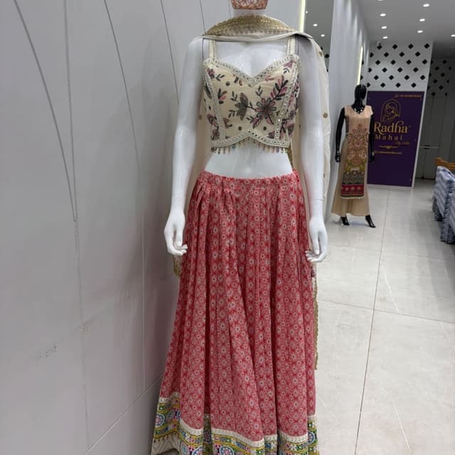 Off-white, Deep Red/Maroon, Multi-colored border (Green, Yellow, Pink, Blue) Lehenga Choli