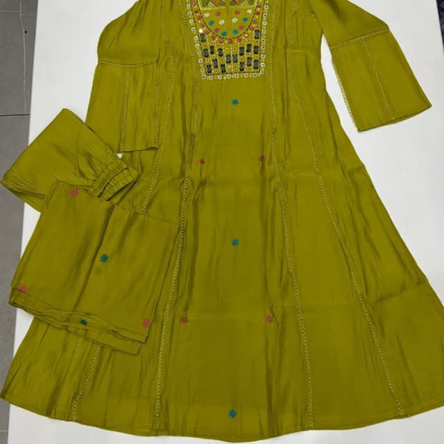 Olive Green with multi-colored accents (pink, blue, yellow, white) Kurta Set with Bottoms