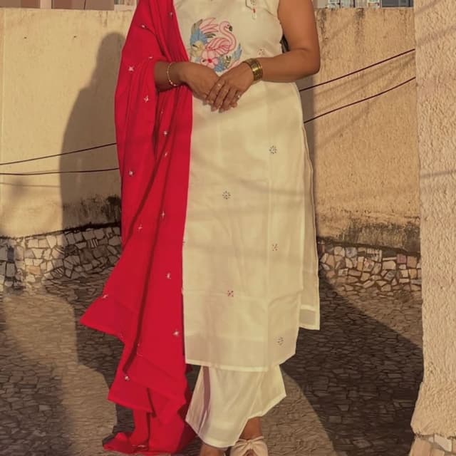 Off-white base with a vibrant red dupatta and multicolor flamingo embroidery Salwar Kameez/Kurta Set