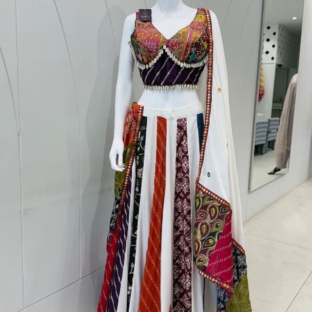 Multicolor, white, deep purple, red, orange, green Lehenga Choli