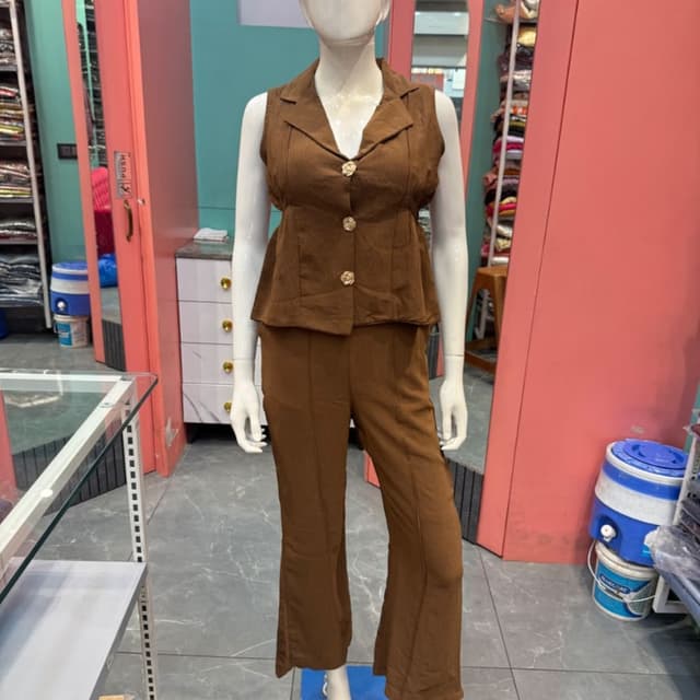 Solid Brown Co-ord Set (Vest and Trousers)
