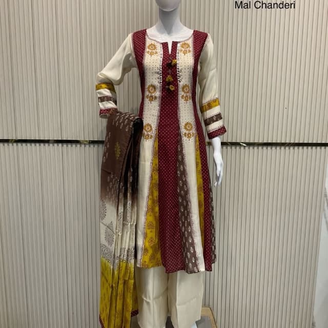 Off-white, Deep Maroon, Mustard Yellow, Brown Kurta Set with Dupatta