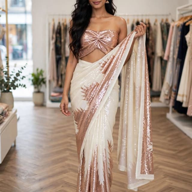 Off-white and rose gold Saree