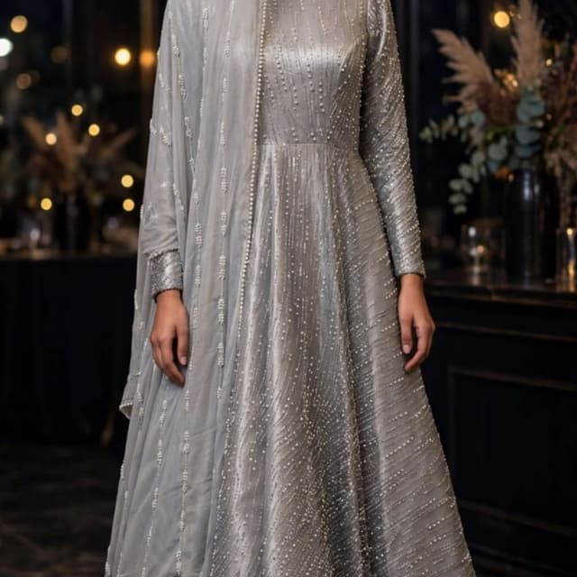 Monochromatic Silver-Grey Anarkali Gown with Dupatta