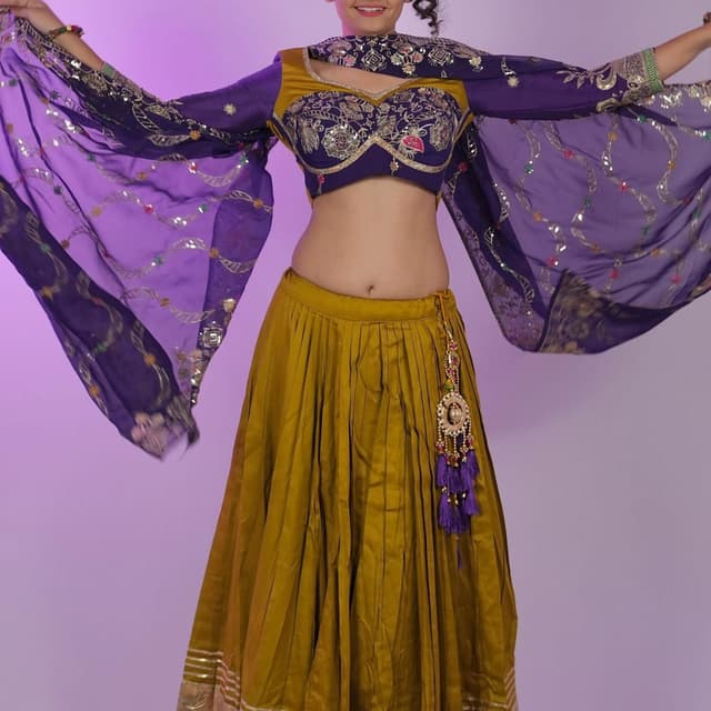 Mustard Yellow, Deep Purple, Gold Lehenga Choli