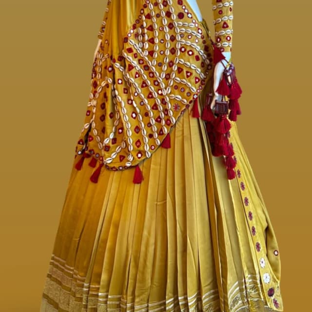 Mustard Yellow, Maroon, Gold Lehenga Choli