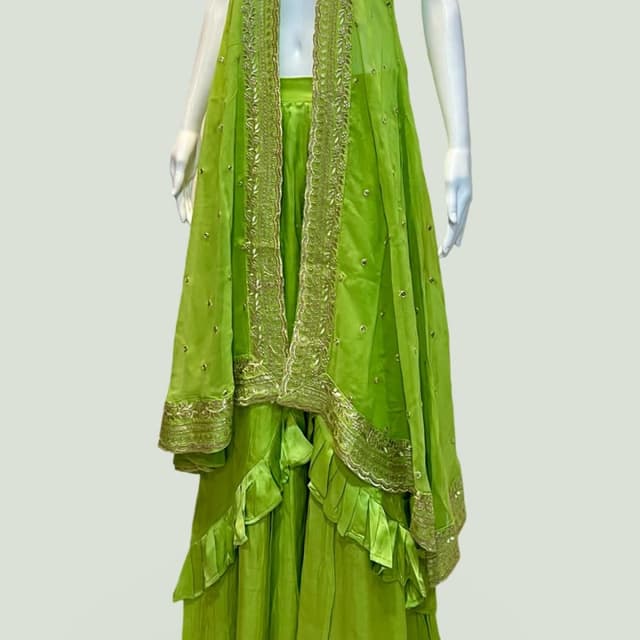 Bright Lime Green, Gold Lehenga Choli with Long Shrug