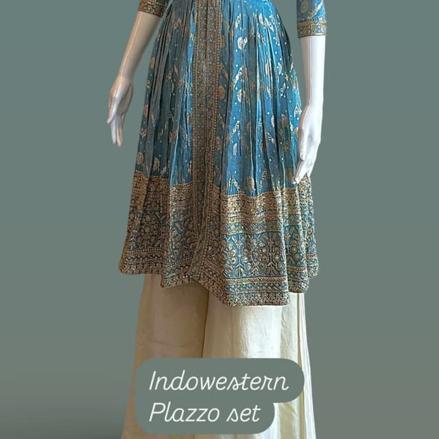Teal blue and off-white/cream Indo-Western Palazzo Set