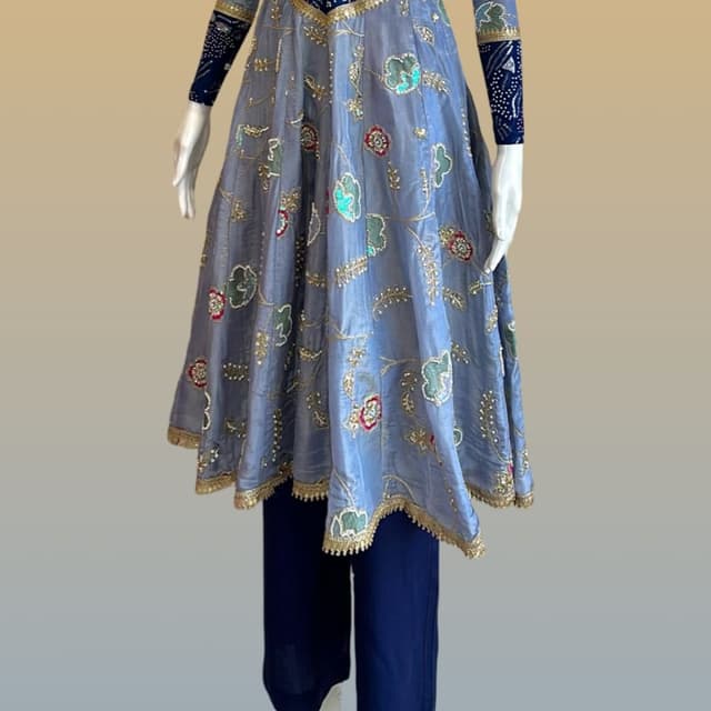Dusty blue, navy blue, accented with gold, green, and red Anarkali Suit with Pants