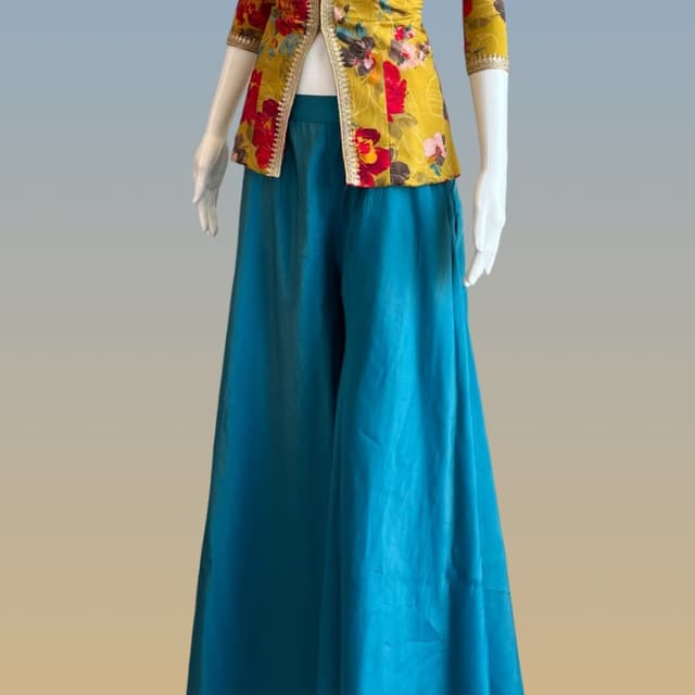 Mustard yellow, vibrant red, and teal blue Jacket and Palazzo Set
