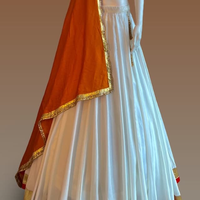 Mustard Yellow, White, Gold, and Red trim Lehenga Choli