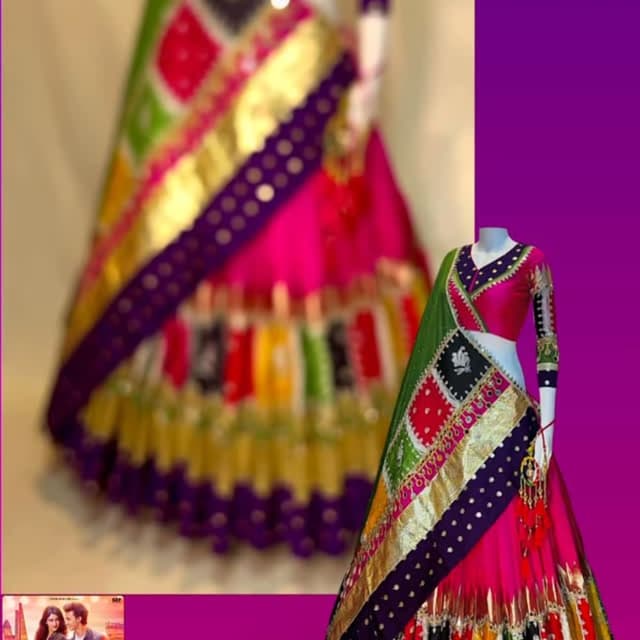 Hot pink, deep purple, vibrant green, and yellow Lehenga Choli