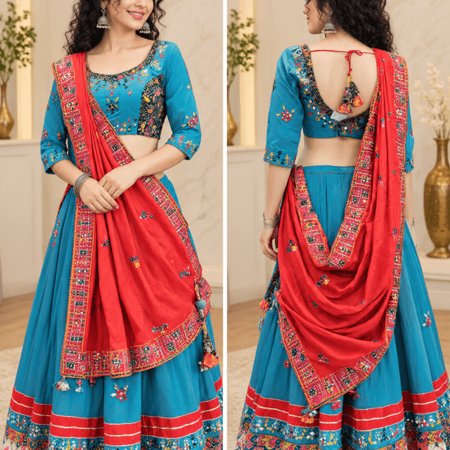 Blue, Red, Multi-colored accents Lehenga Choli