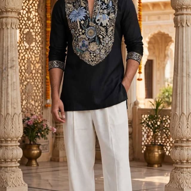 Black, White, Blue, Gold, Multi-color accents Kurta with Trousers