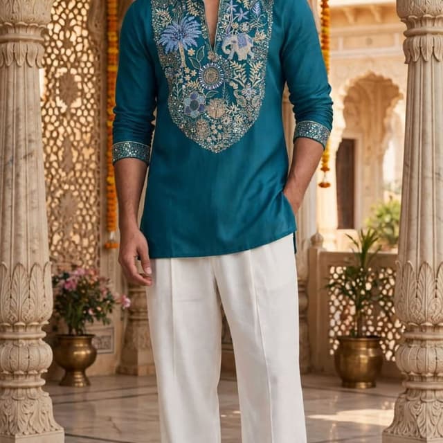 Teal blue, white, multi-colored thread work Kurta with trousers