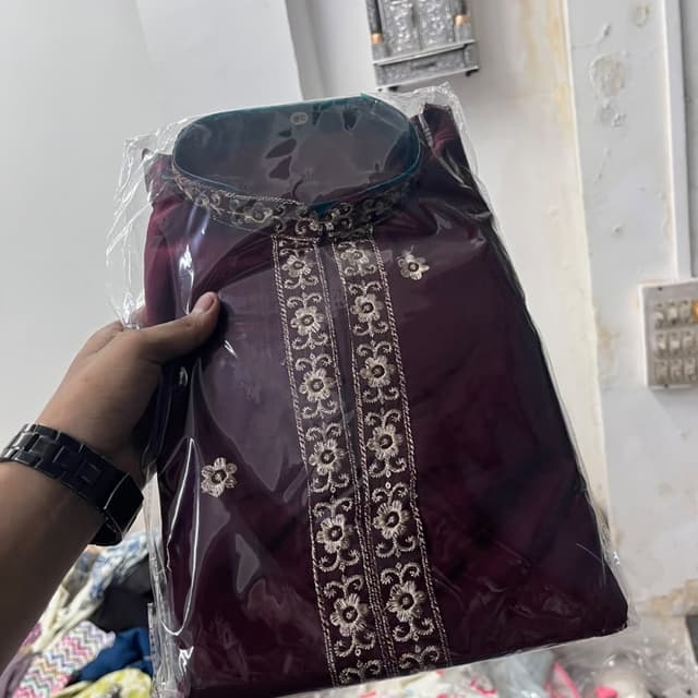 Deep maroon or wine with metallic silver/grey embroidery Kurta