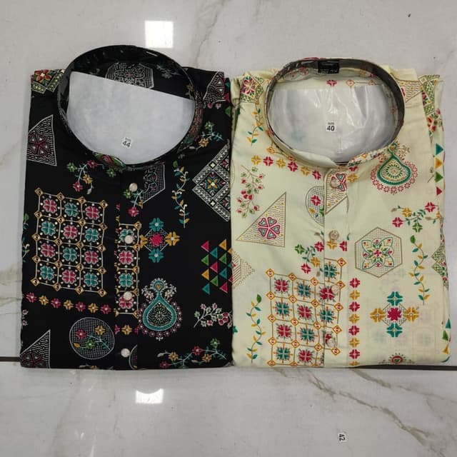 Black with multi-colored print and Off-white/Cream with multi-colored print Kurta