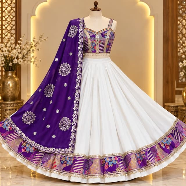 Deep purple, stark white, multi-color floral accents, gold Lehenga Choli