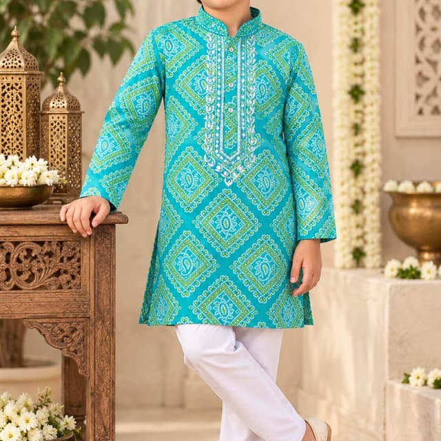 Turquoise blue, lime green, and white Kurta Pyjama Set