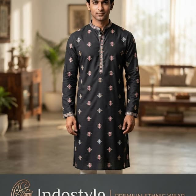 Black base with multi-colored pink and blue embroidery accents Kurta