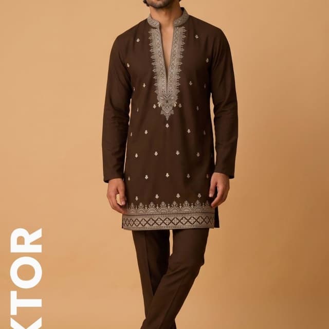 Deep brown base with cream or beige embroidery Kurta Set