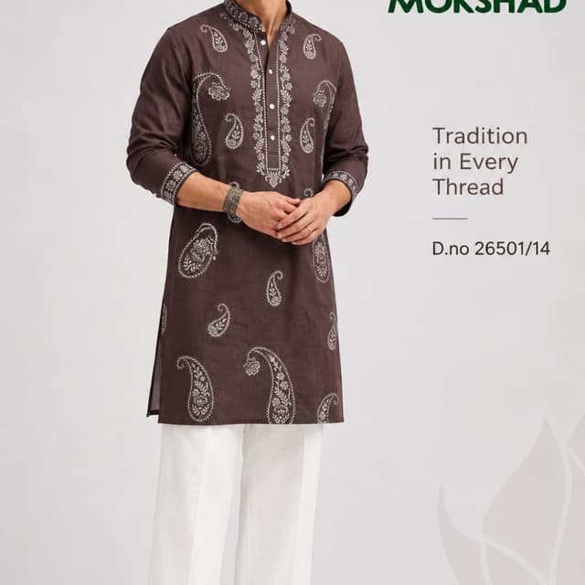 Dark brown base with white embroidery Kurta