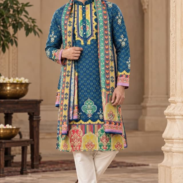 Deep blue, yellow, green, pink, and off-white Kurta Set with Shawl