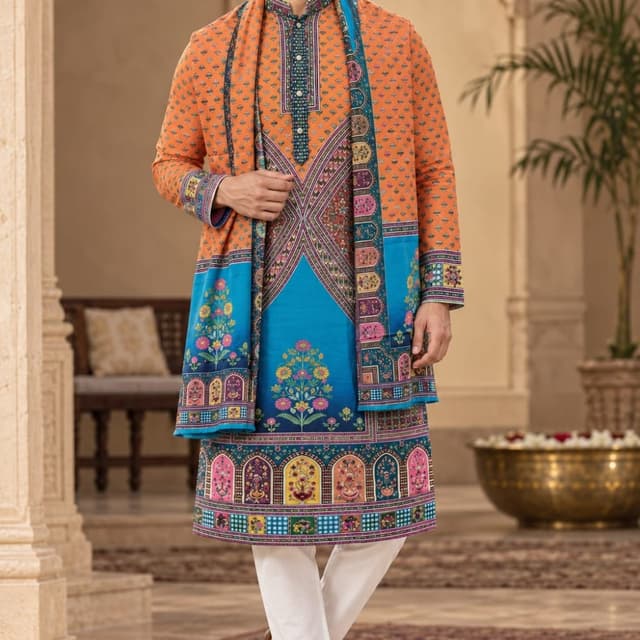 Orange, Bright Blue, Teal, Multi-colored prints Kurta with Nehru Jacket and Trousers