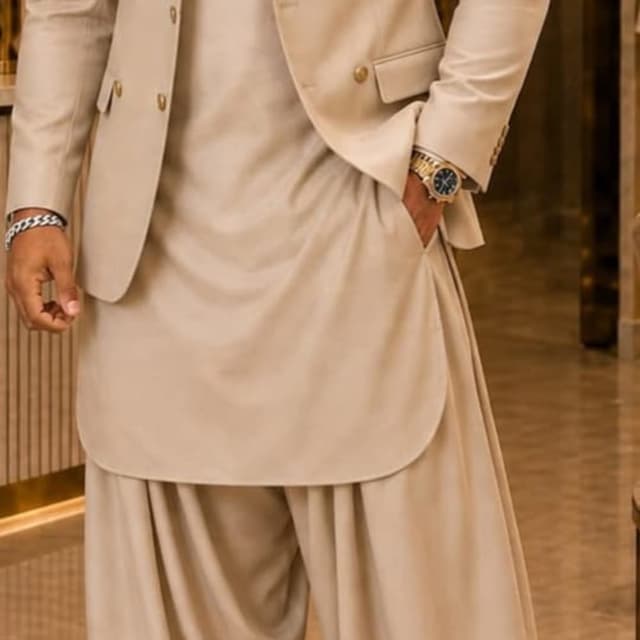Beige, Monochromatic Pathani Suit with Blazer