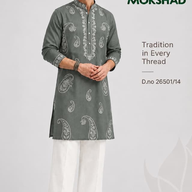 Sage green base with off-white or light grey embroidery Kurta