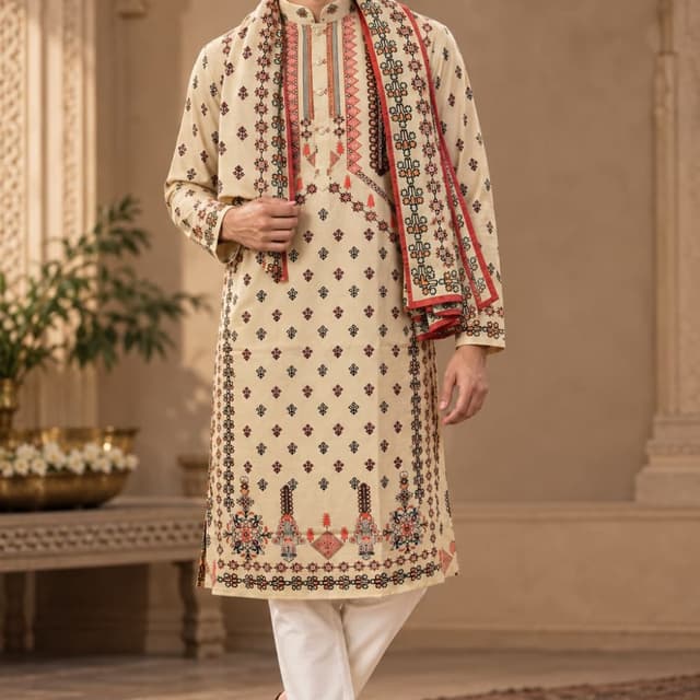 Beige base, accented with deep red, black, and hints of green Kurta Set with Shawl