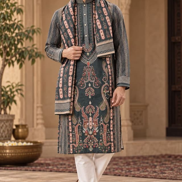 Charcoal grey, off-white, muted coral, and beige Kurta with Stole and Churidar