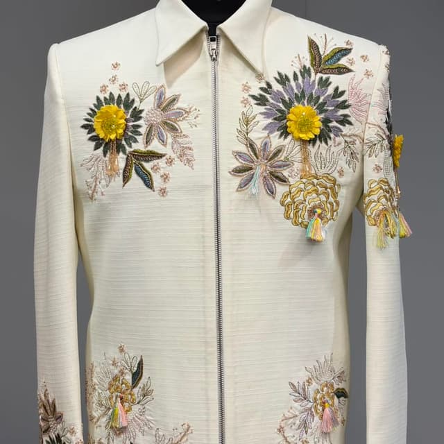 Off-white base with accents of yellow, lavender, dark green, and pastel pink Jacket