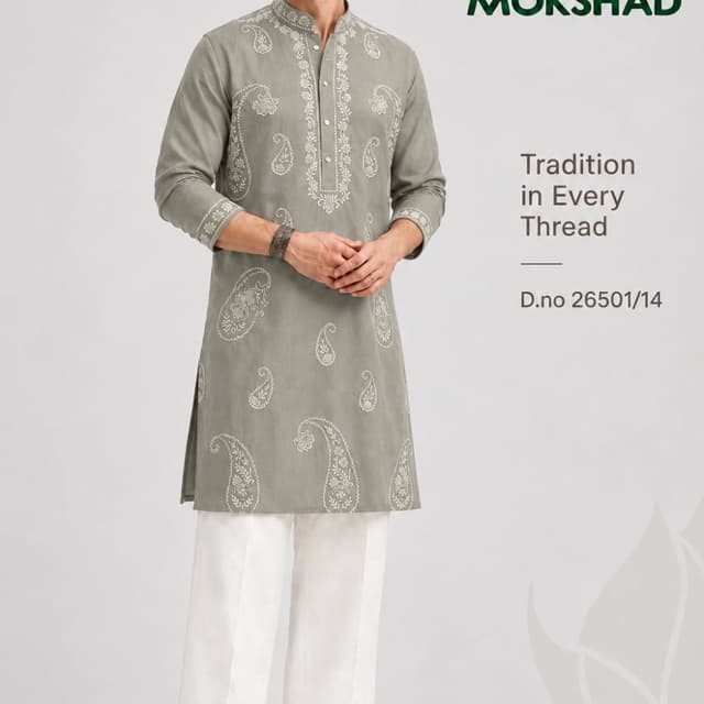 Sage green base with white thread embroidery Kurta