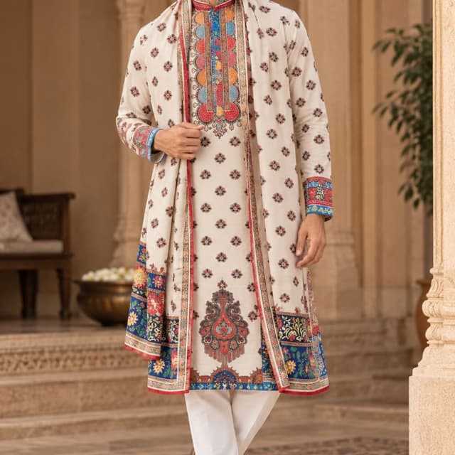Off-white base with accents of red, blue, yellow, and black Kurta with Shawl/Stole and Chooridar/Pants