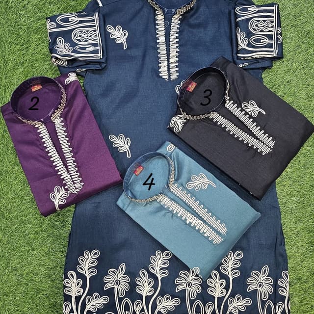 Navy Blue, Purple, Black, Slate Blue, with White embroidery Kurta