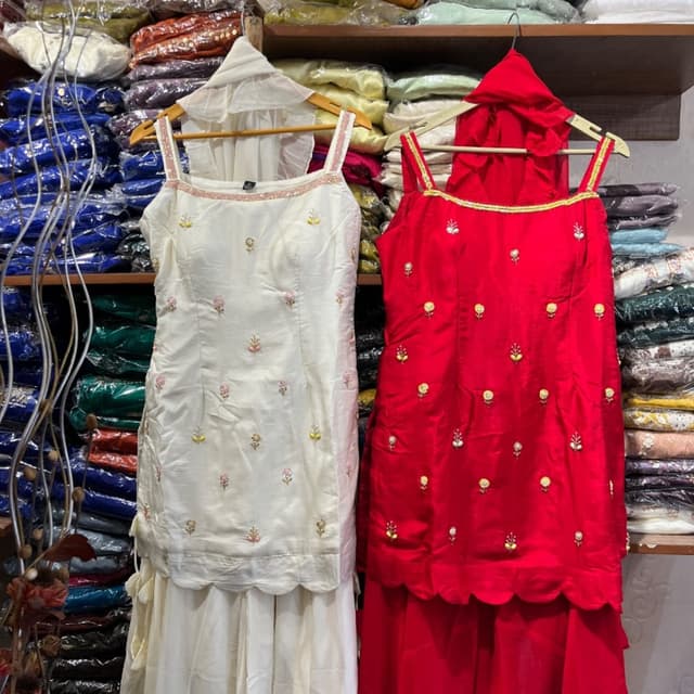 White, Red Kurta and Skirt Set