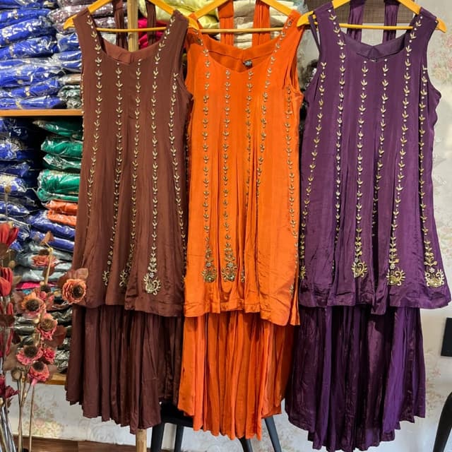Brown, Orange, Purple Kurti and Skirt Set