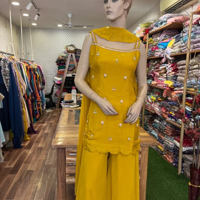 Mustard Yellow with pink and white floral accents Sharara Set