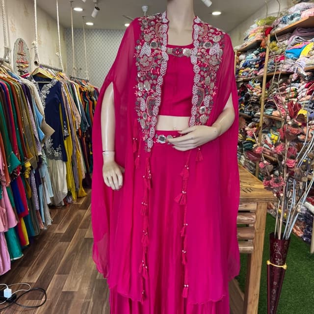 Hot Pink, Fuchsia, with silver and white accents in embroidery Lehenga Choli with Cape