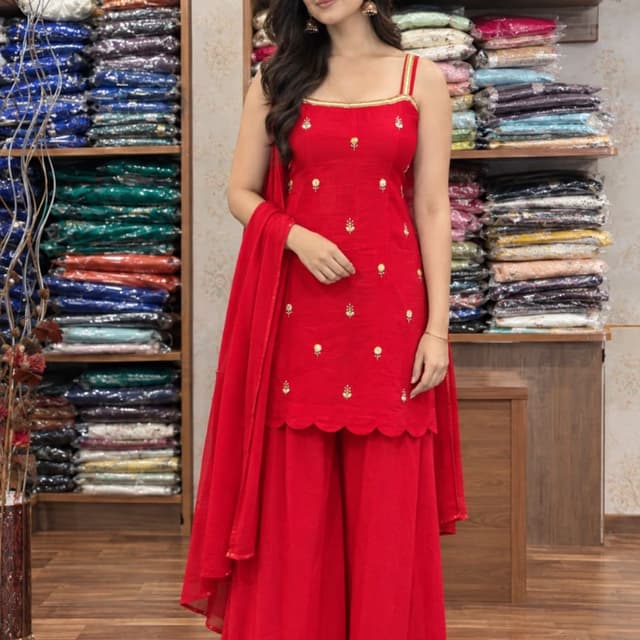 Solid Red with Gold accents Sharara Set