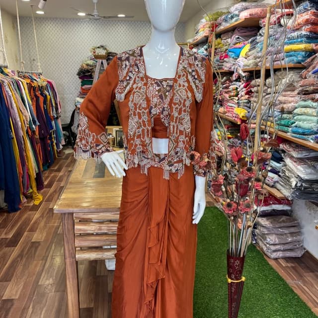 Rust Orange and Deep Purple/Maroon accents Dhoti Saree with Jacket