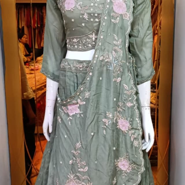 Sage green base with light pink floral accents Lehenga Choli